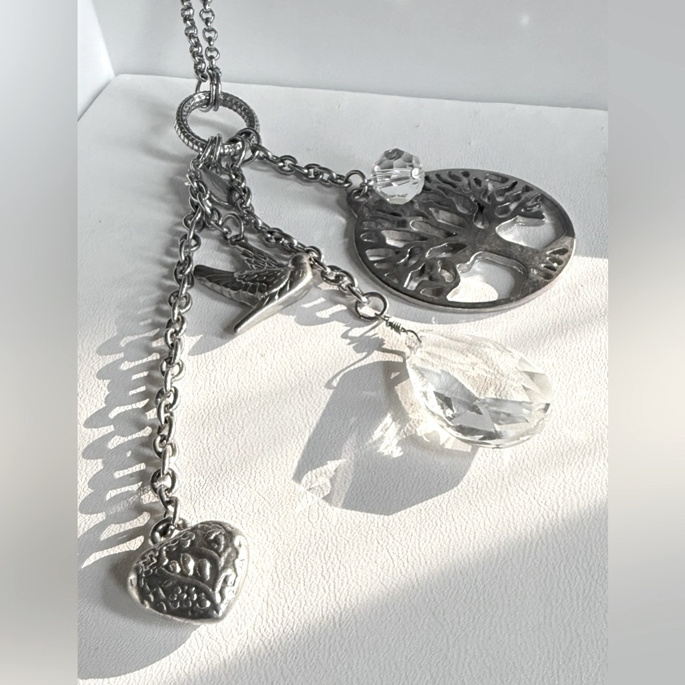 🌳 Cookie Lee Silver Charm Necklace w/Heart Dove Crystal Accents & Tree of Life - Picture 6 of 11